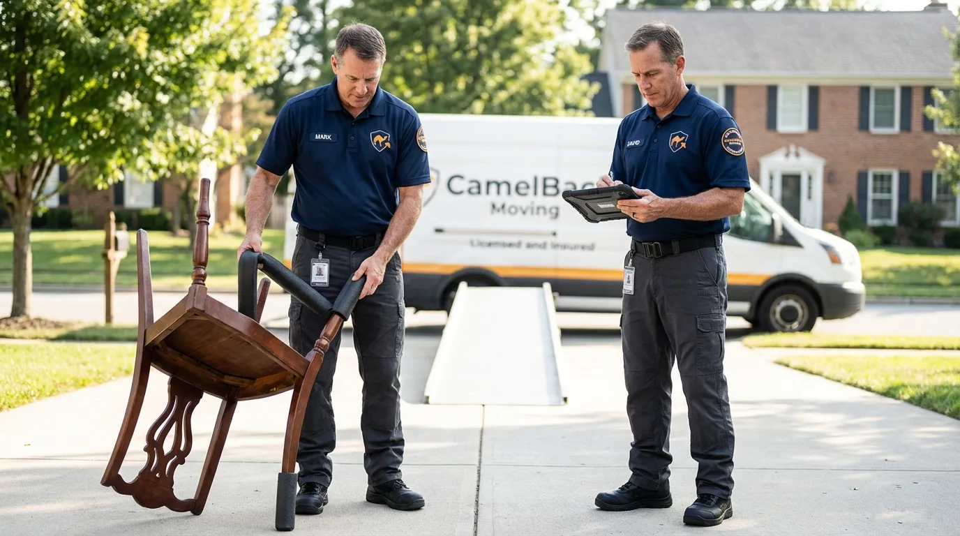 Movers inspecting furniture for damage prevention before loading in Tavares, FL